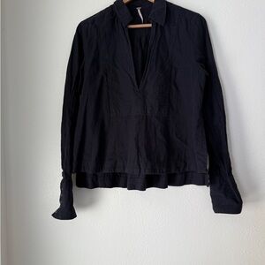 FREE PEOPLE Linen Blend Black Top Oversized Long Sleeve  Collared